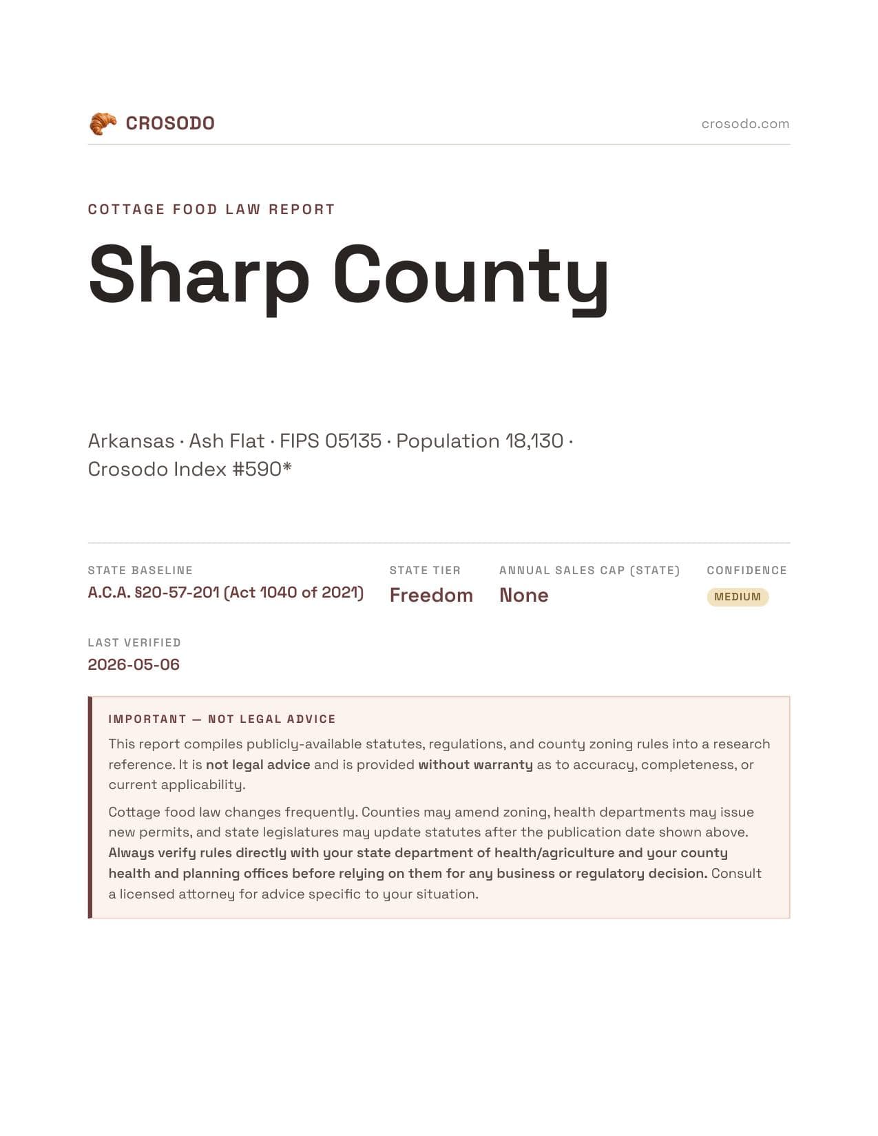 Cover of Sharp County county cottage food report