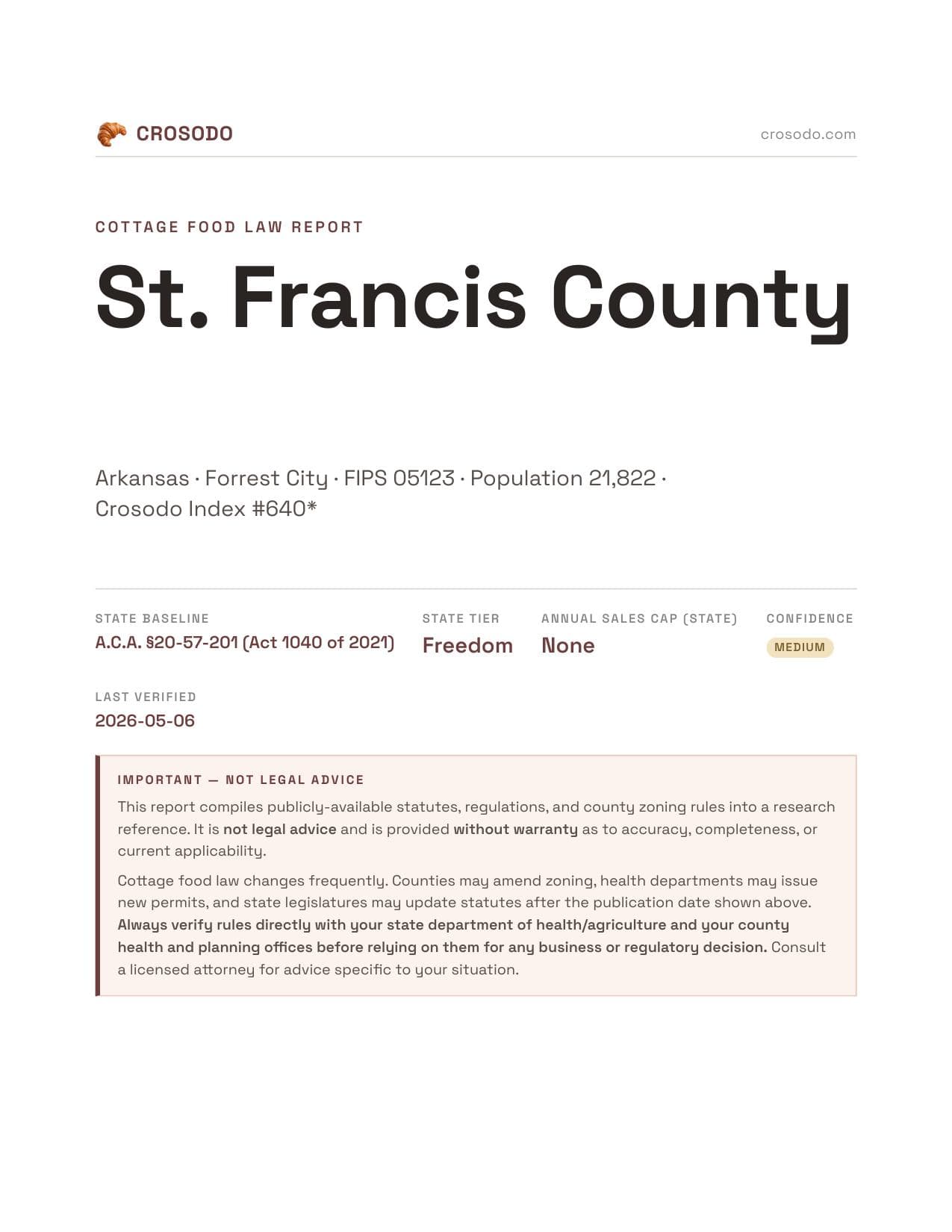 Cover of St. Francis County county cottage food report