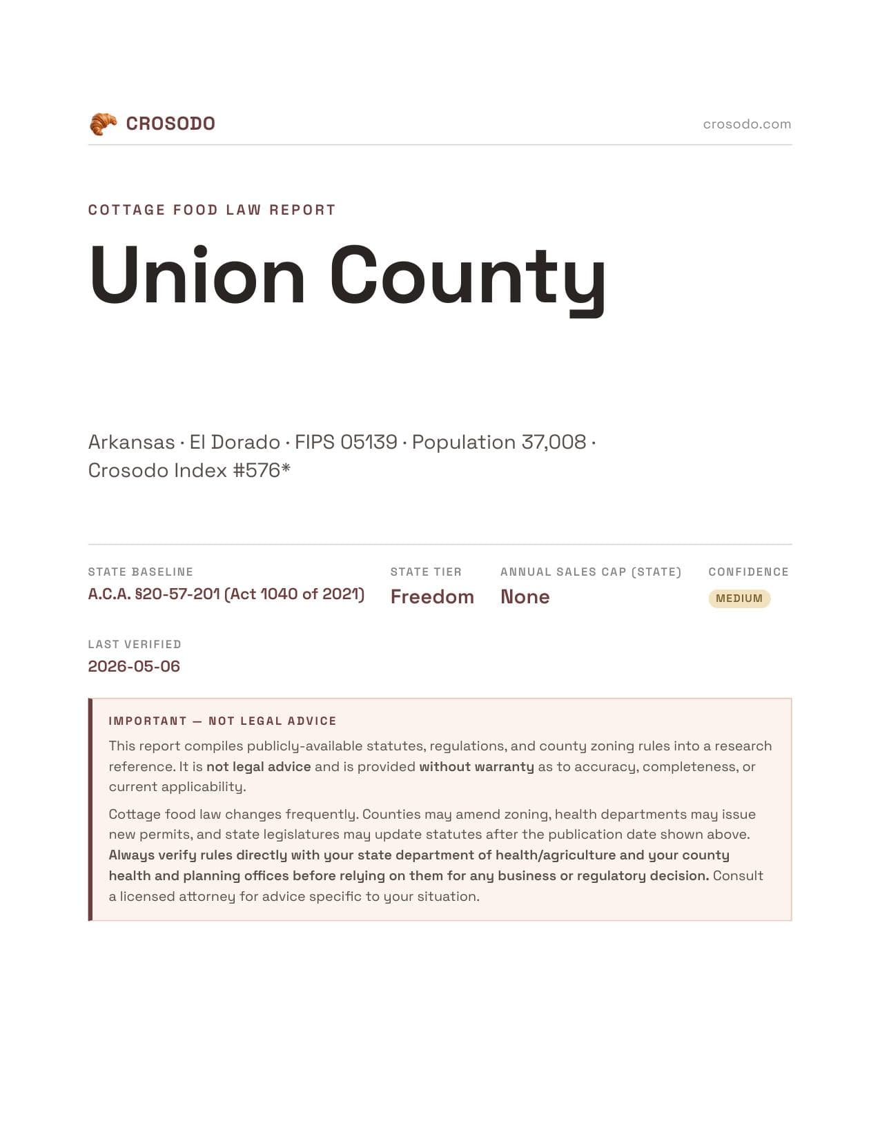 Cover of Union County, Arkansas cottage food report