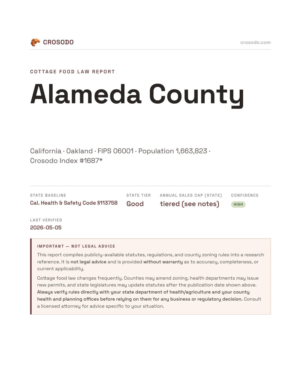 Cover of Alameda County county cottage food report