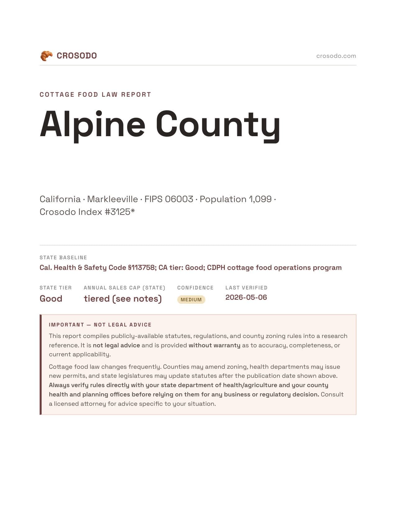 Cover of Alpine County county cottage food report