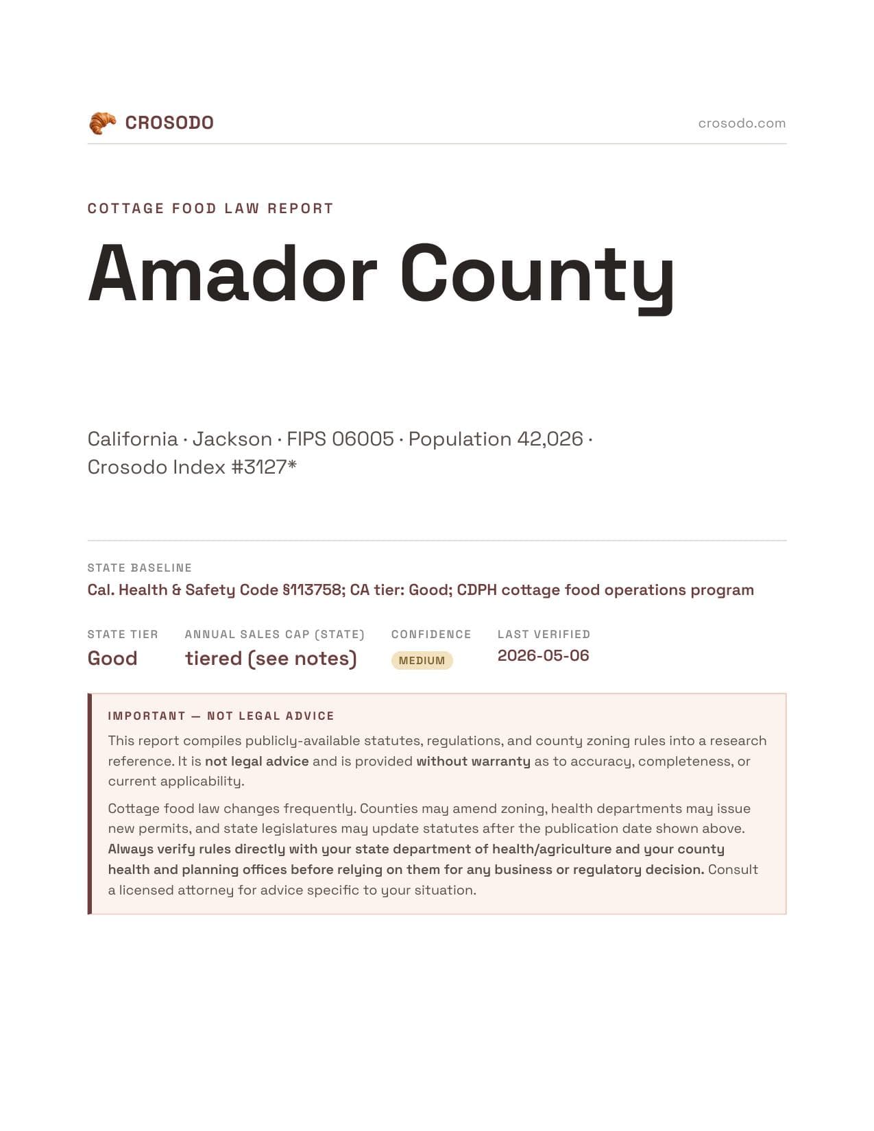 Cover of Amador County county cottage food report