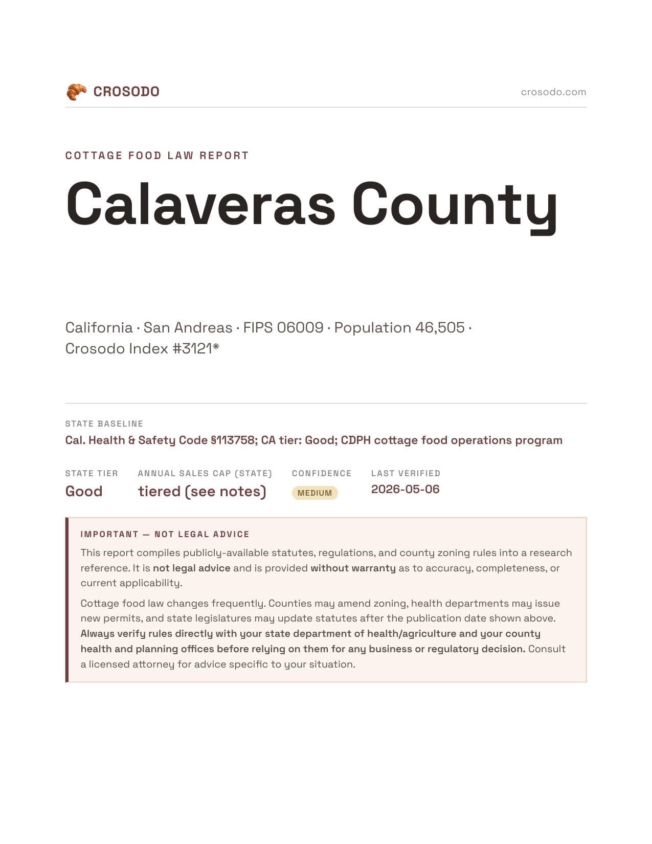 Cover of Calaveras County county cottage food report