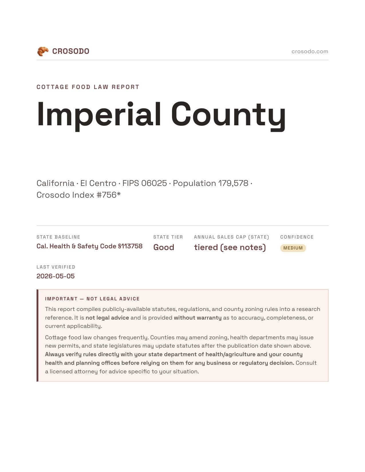Cover of Imperial County county cottage food report