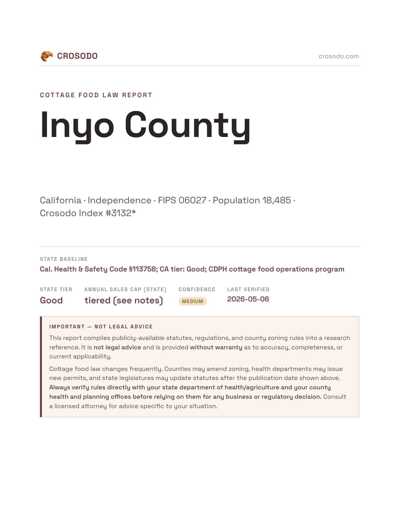 Cover of Inyo County county cottage food report