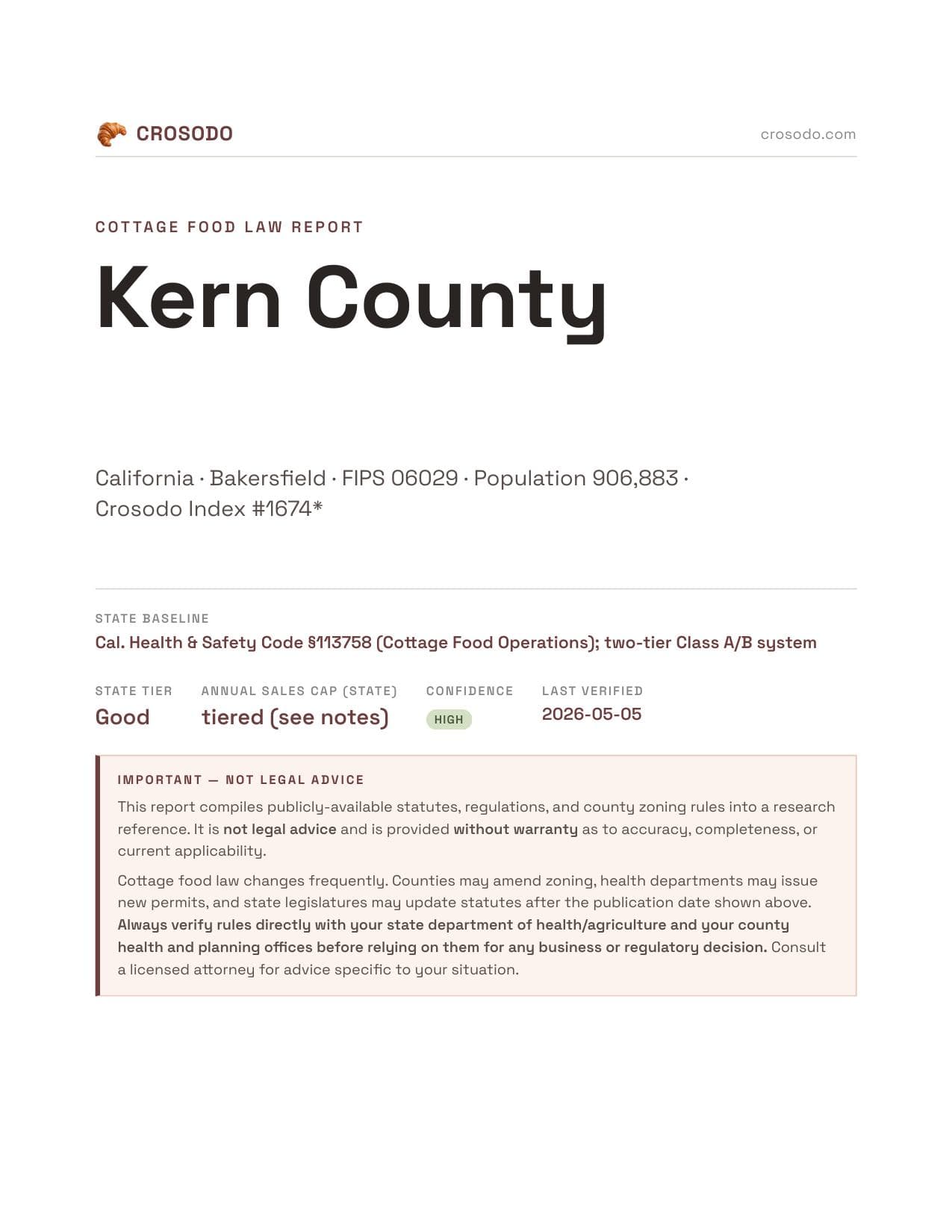 Cover of Kern County county cottage food report