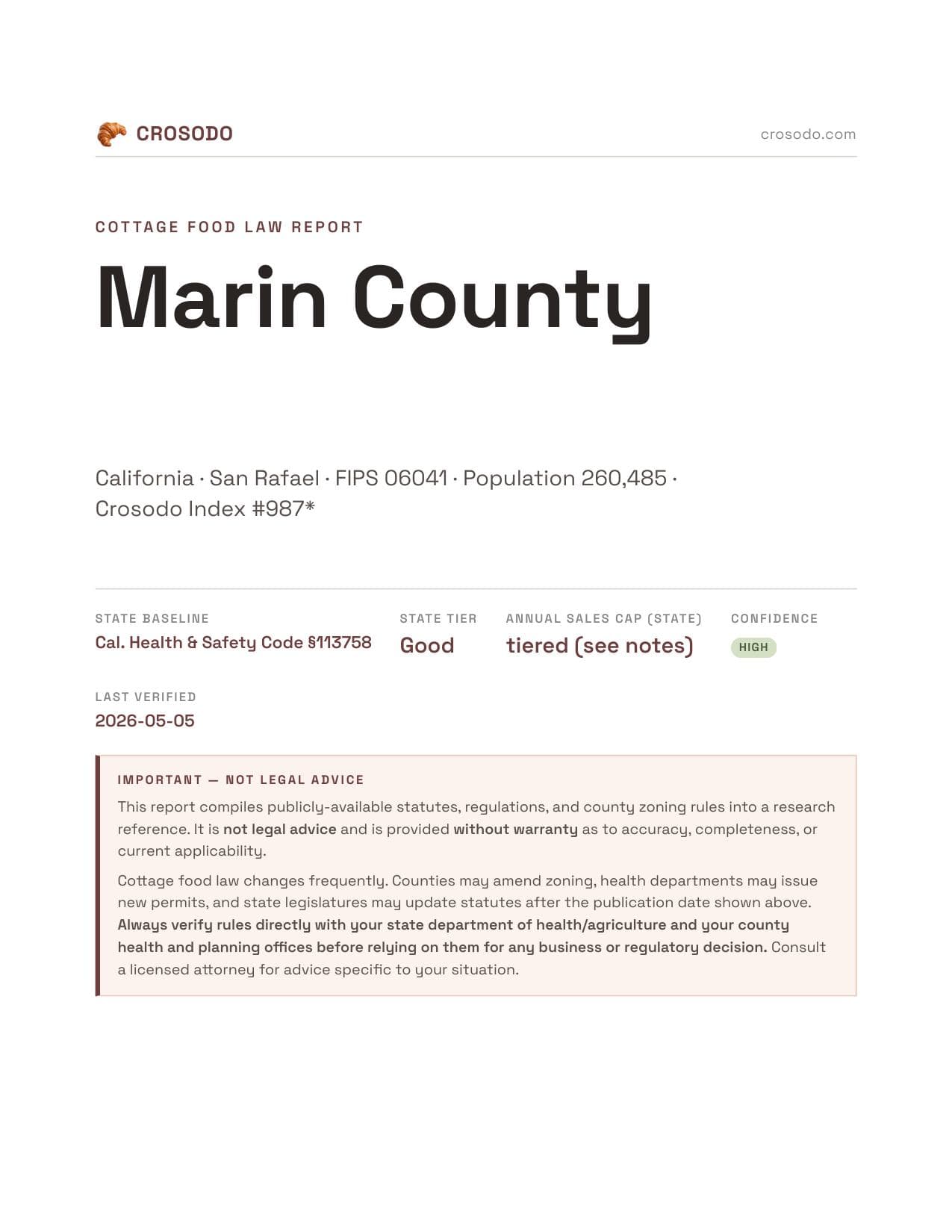 Cover of Marin County county cottage food report
