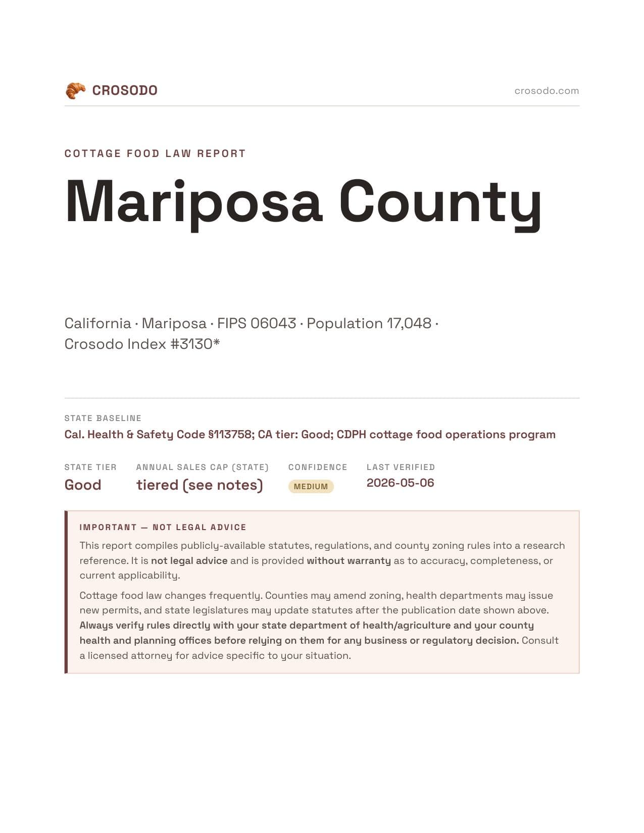 Cover of Mariposa County county cottage food report
