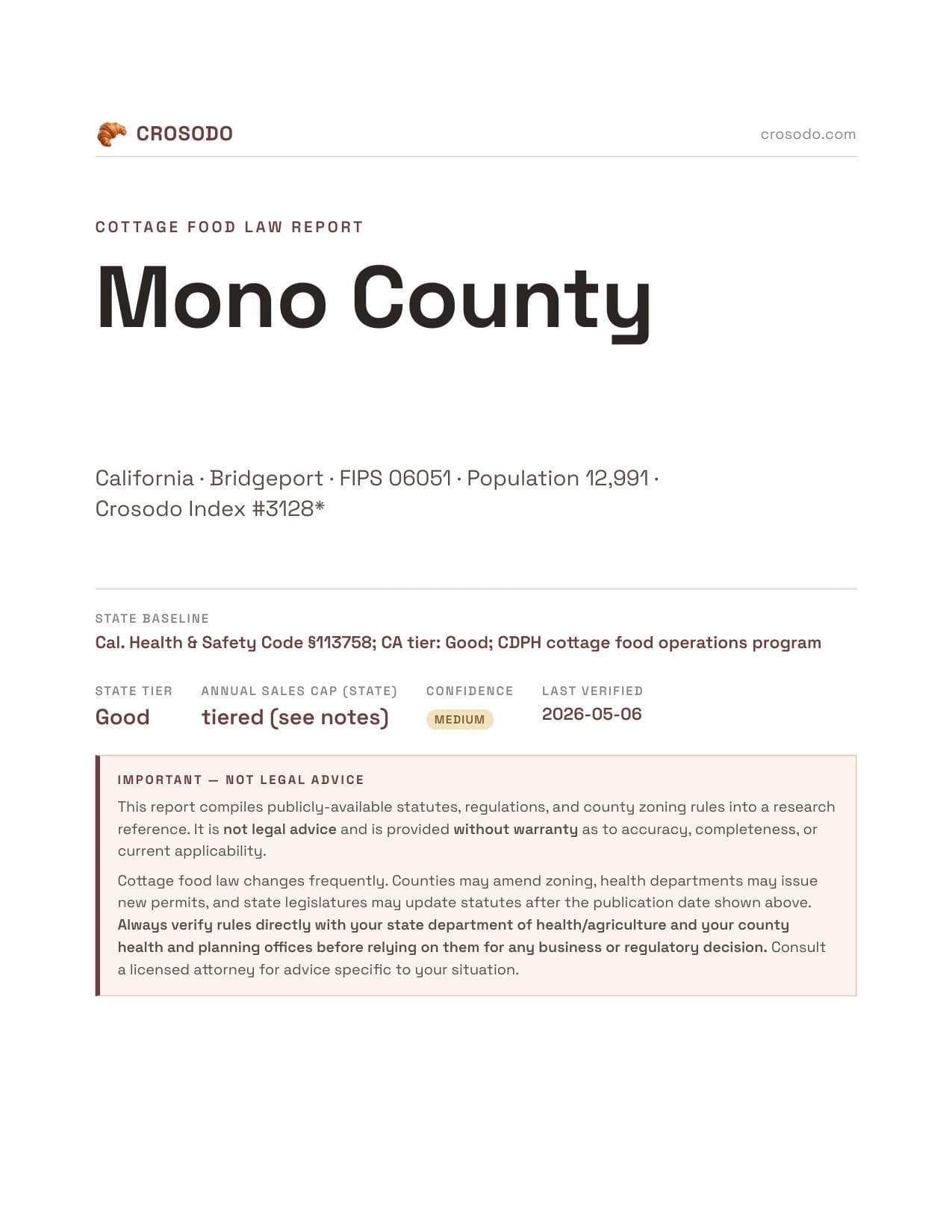 Cover of Mono County county cottage food report