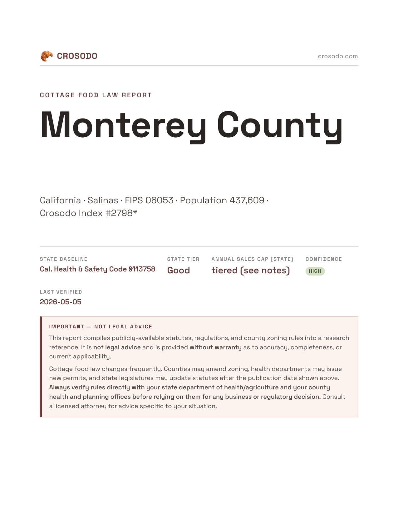 Cover of Monterey County county cottage food report