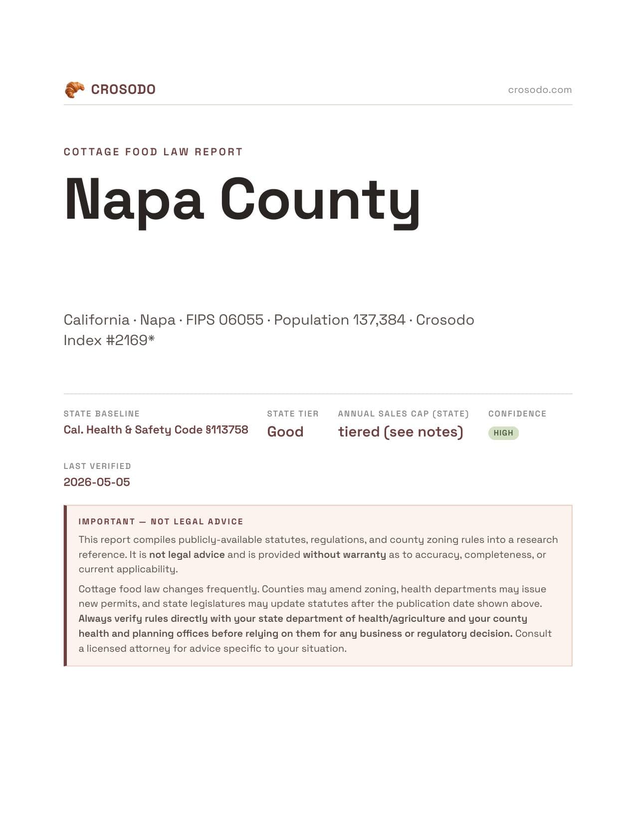 Cover of Napa County county cottage food report