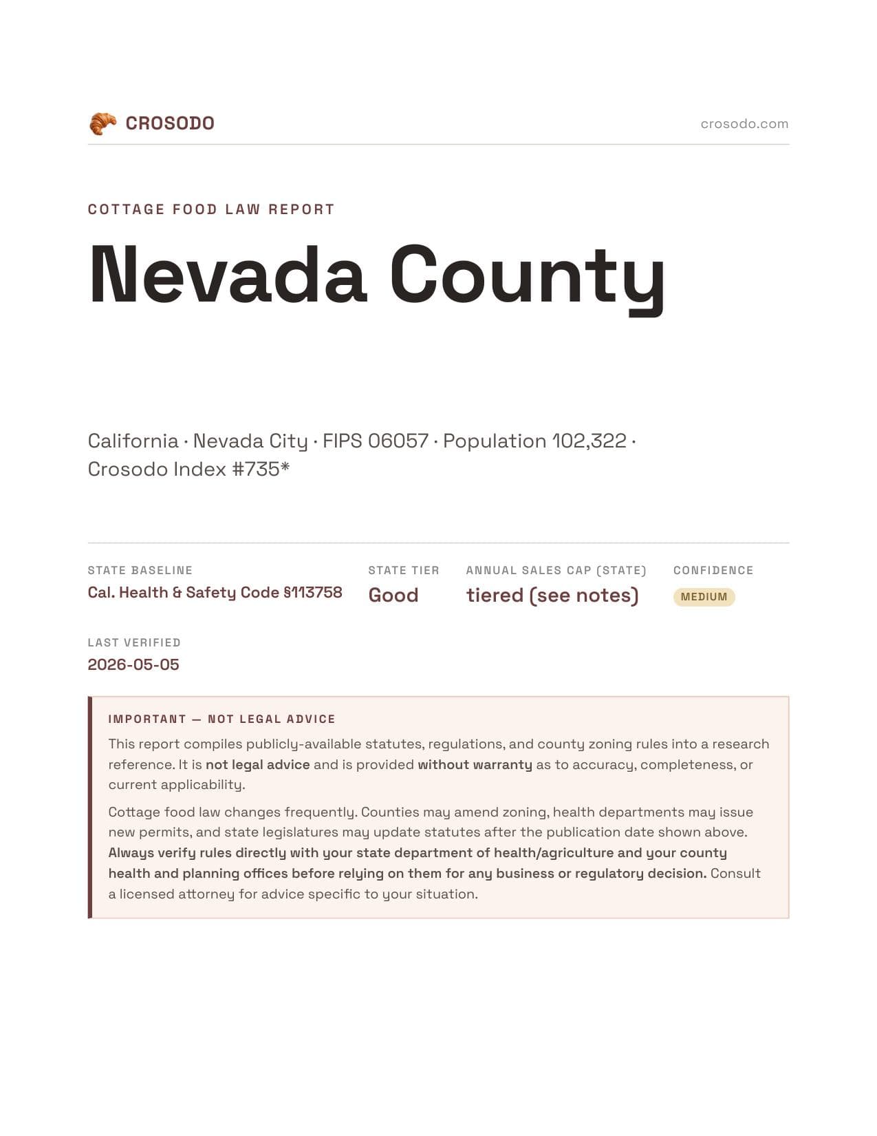Cover of Nevada County county cottage food report