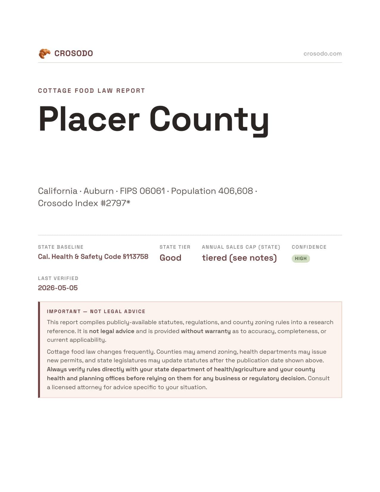 Cover of Placer County county cottage food report