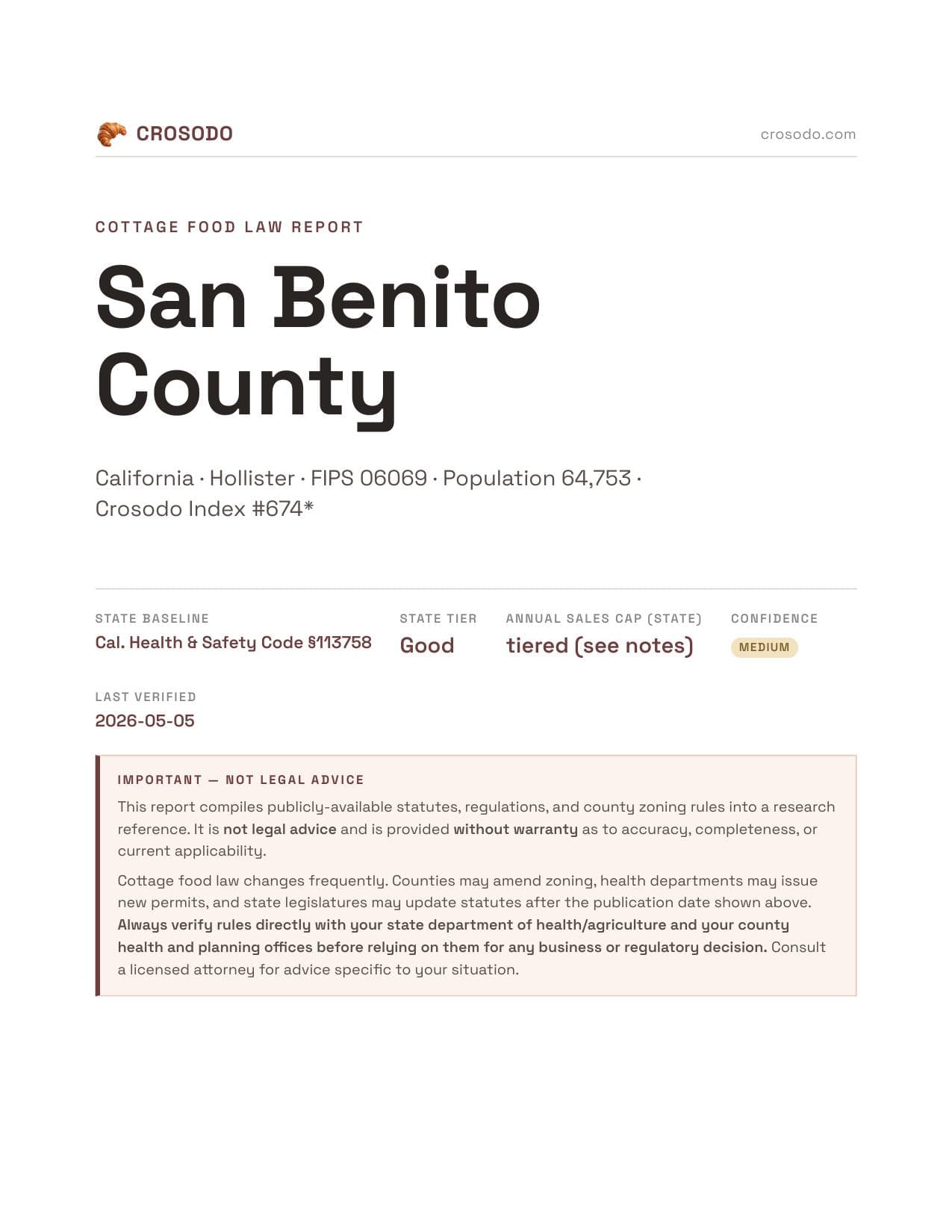 Cover of San Benito County county cottage food report