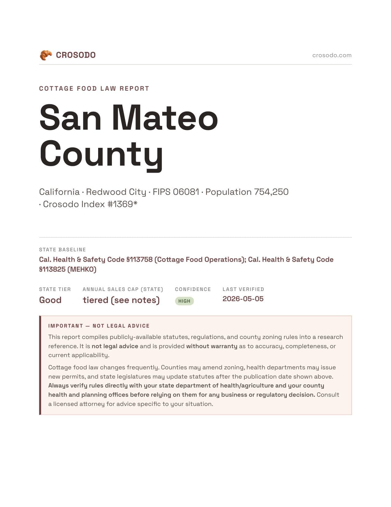 Cover of San Mateo County county cottage food report