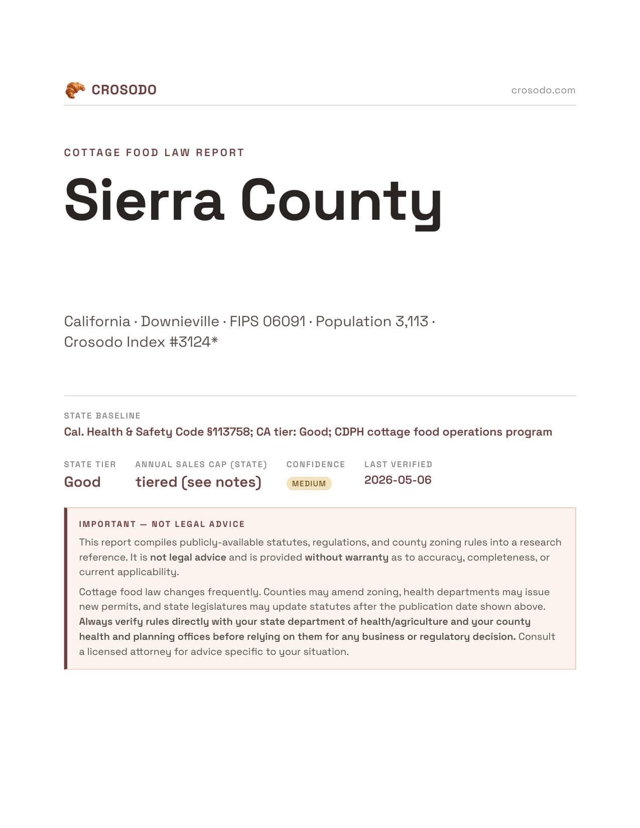 Cover of Sierra County county cottage food report