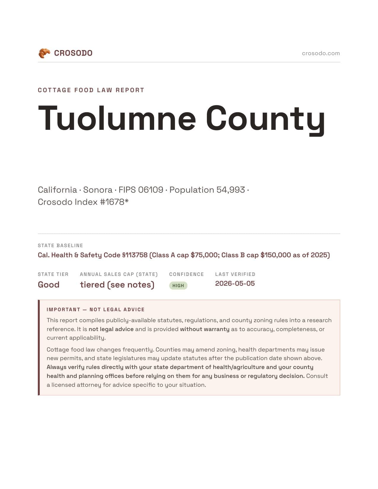 Cover of Tuolumne County county cottage food report