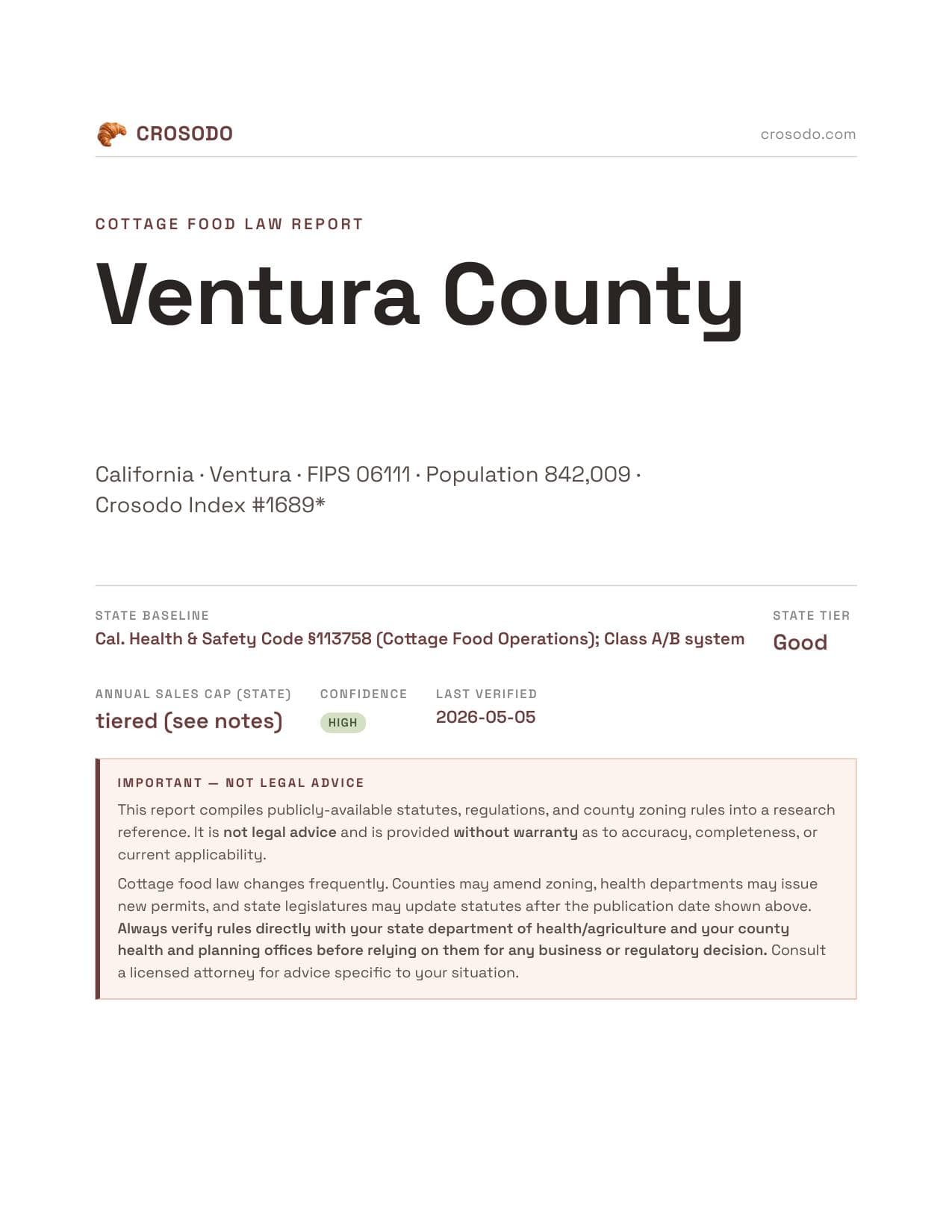 Cover of Ventura County county cottage food report