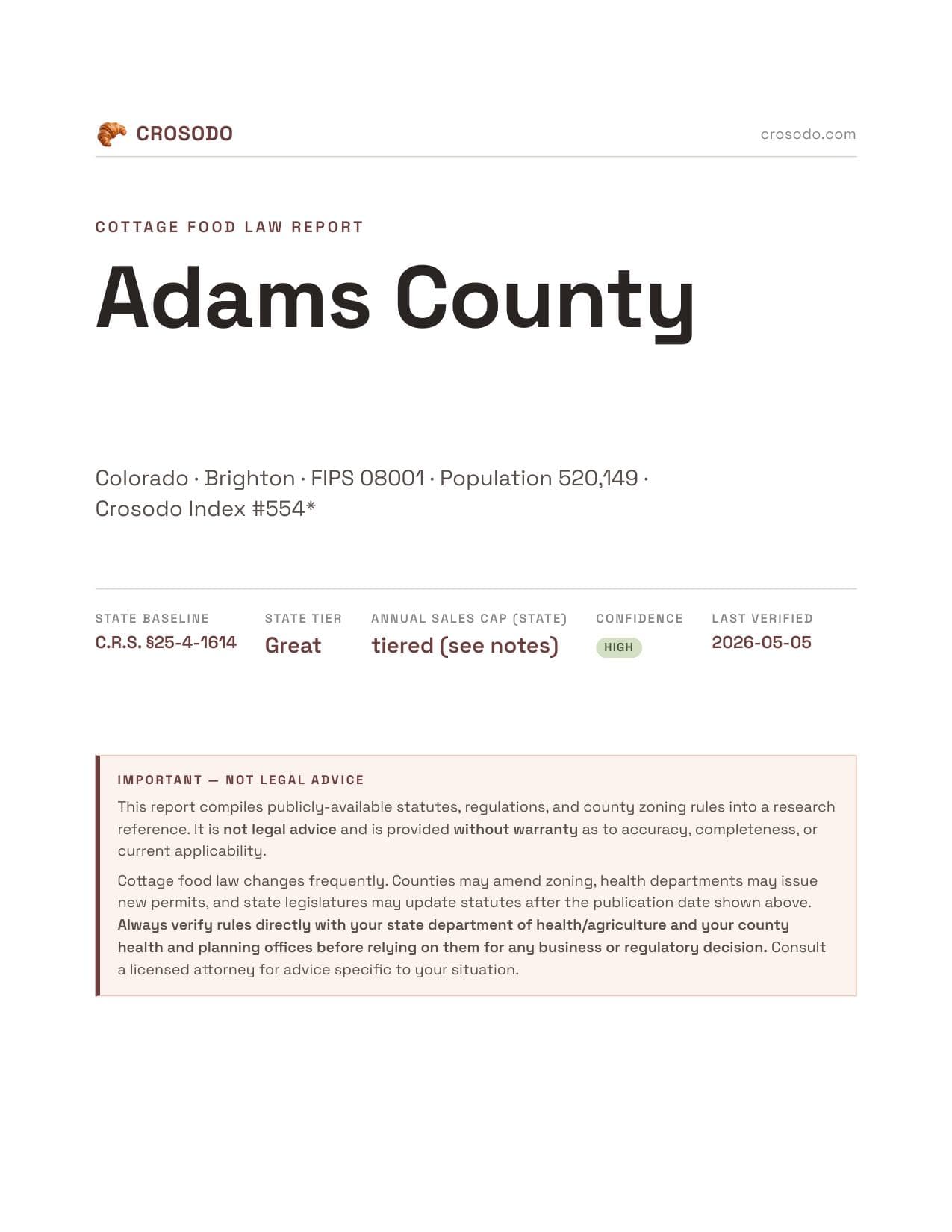 Cover of Adams County county cottage food report