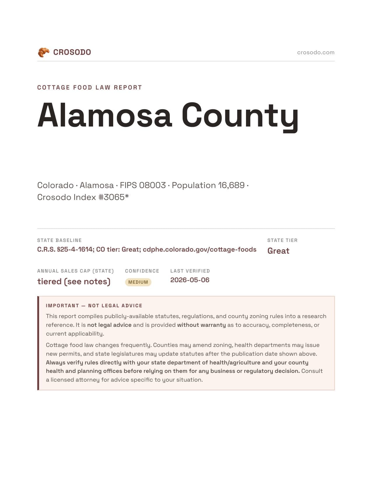 Cover of Alamosa County county cottage food report
