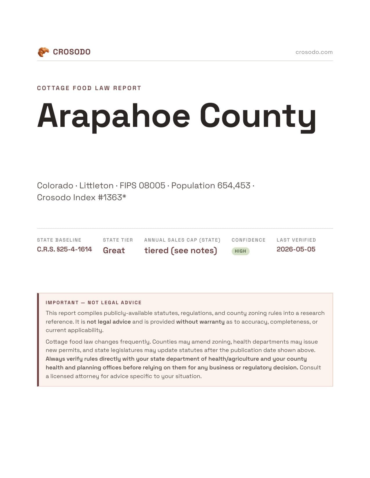 Cover of Arapahoe County county cottage food report