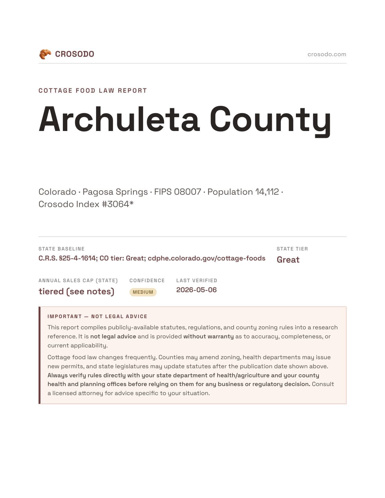 Cover of Archuleta County county cottage food report
