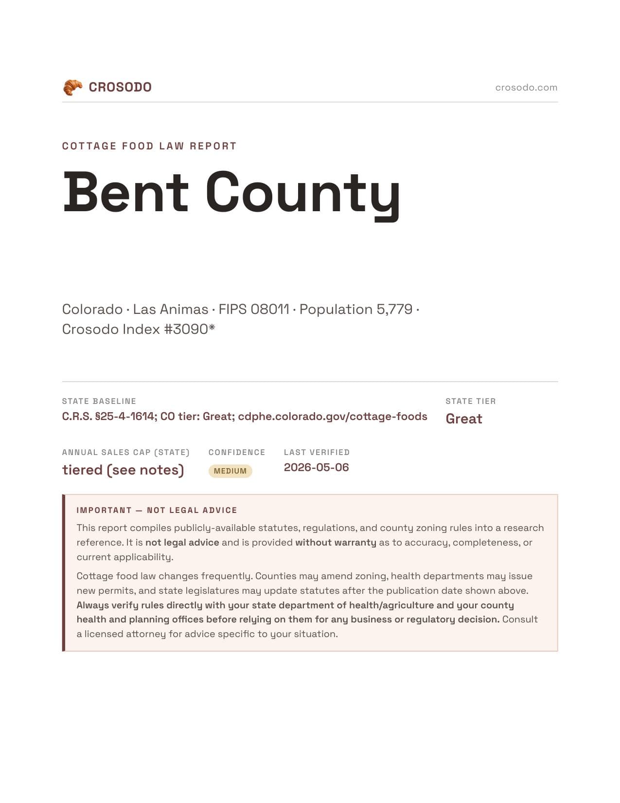Cover of Bent County county cottage food report