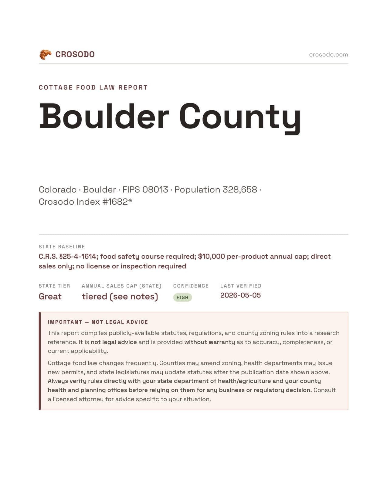 Cover of Boulder County county cottage food report