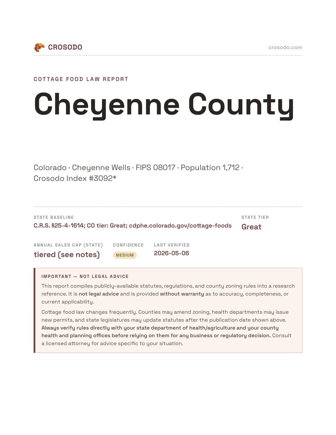 Cover of Cheyenne County county cottage food report