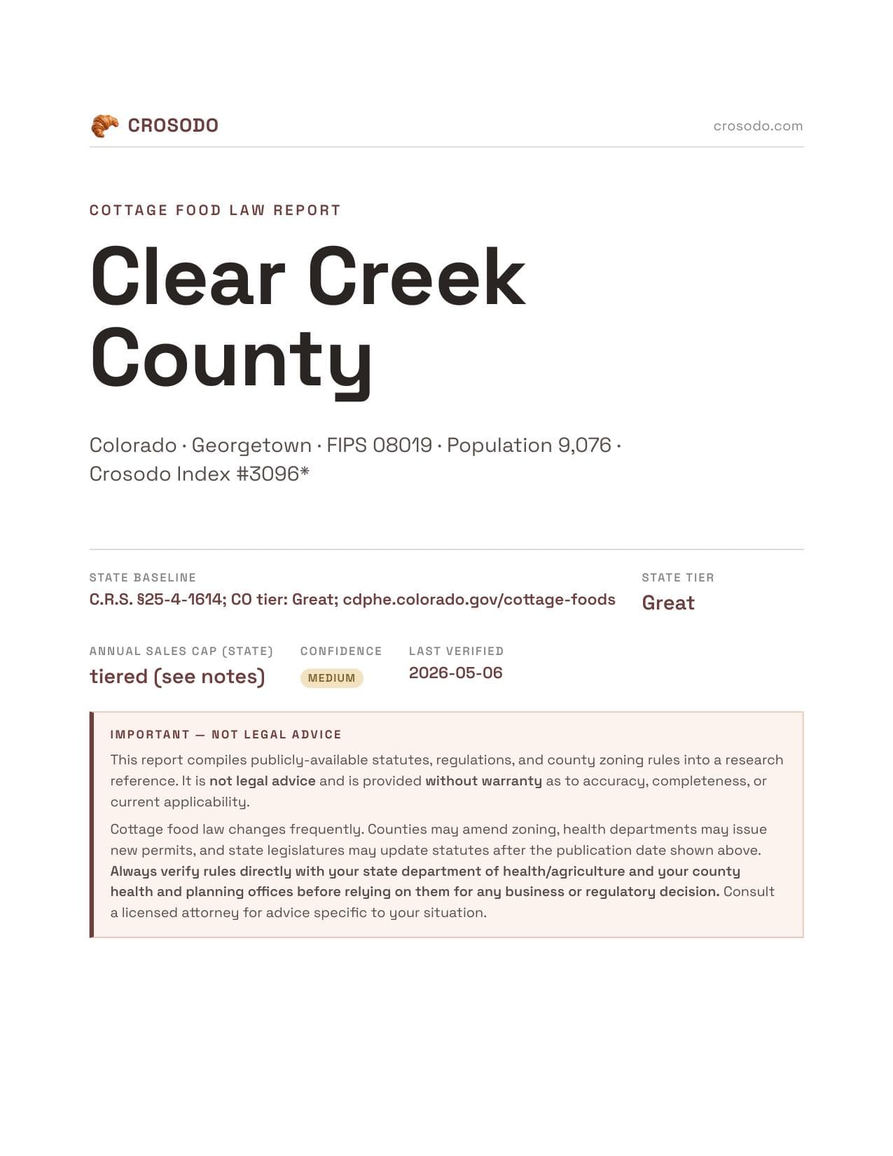 Cover of Clear Creek County county cottage food report