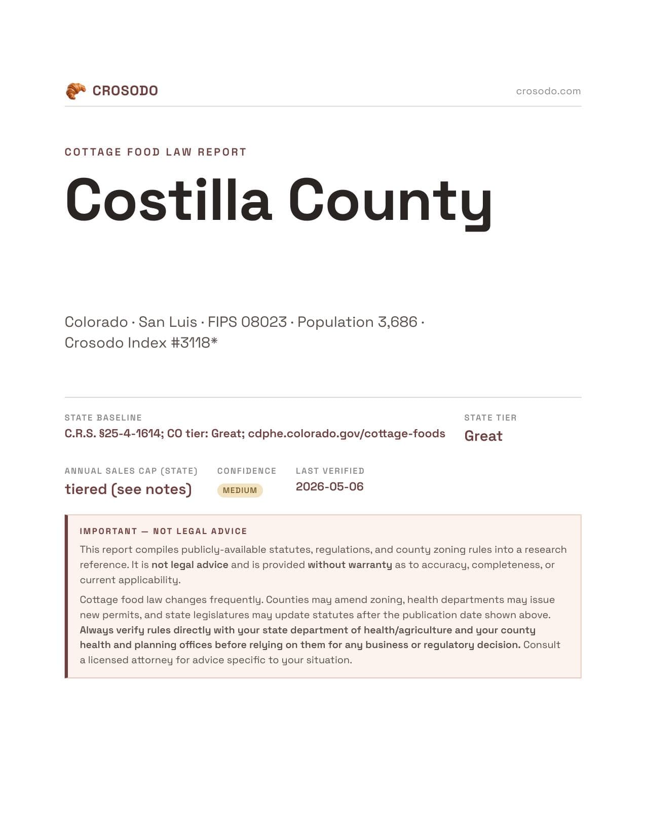 Cover of Costilla County county cottage food report