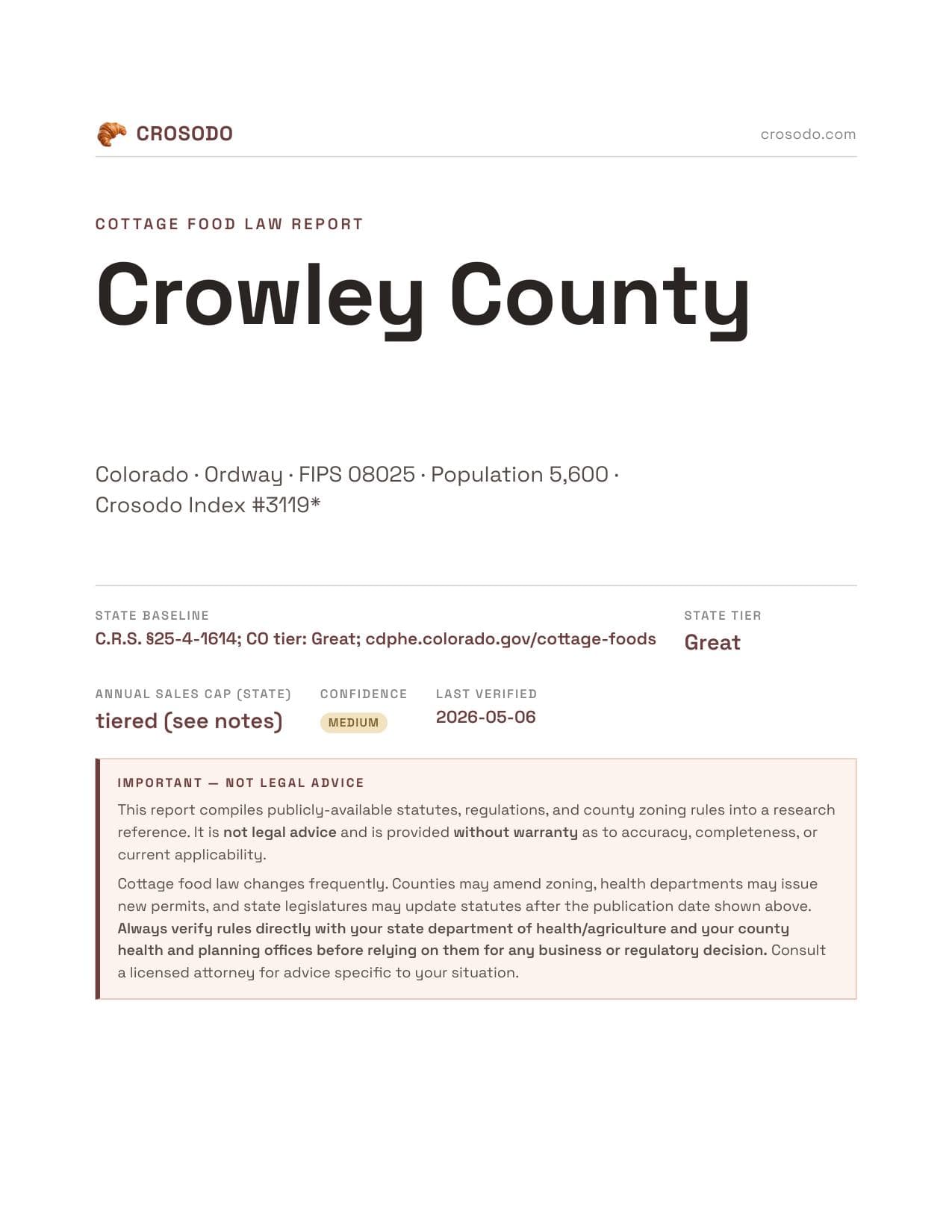 Cover of Crowley County county cottage food report