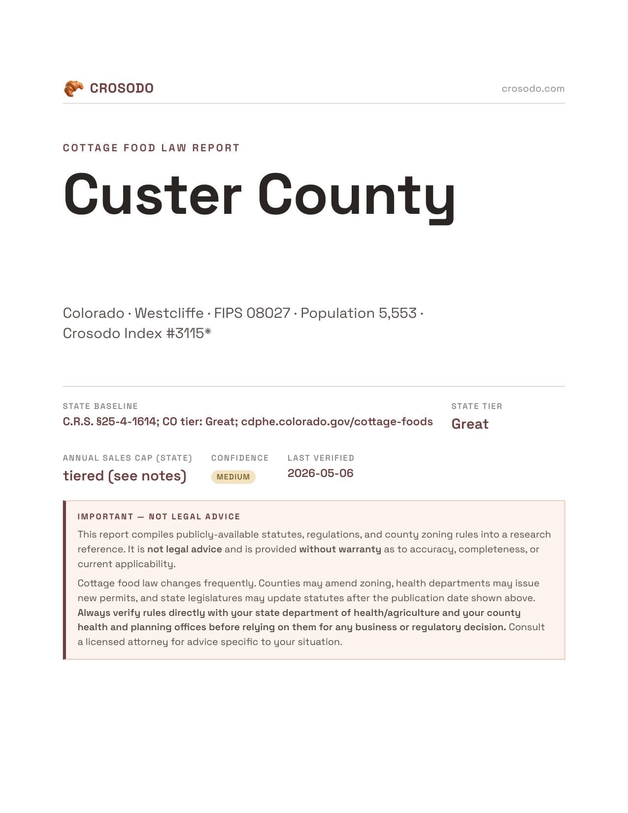 Cover of Custer County county cottage food report