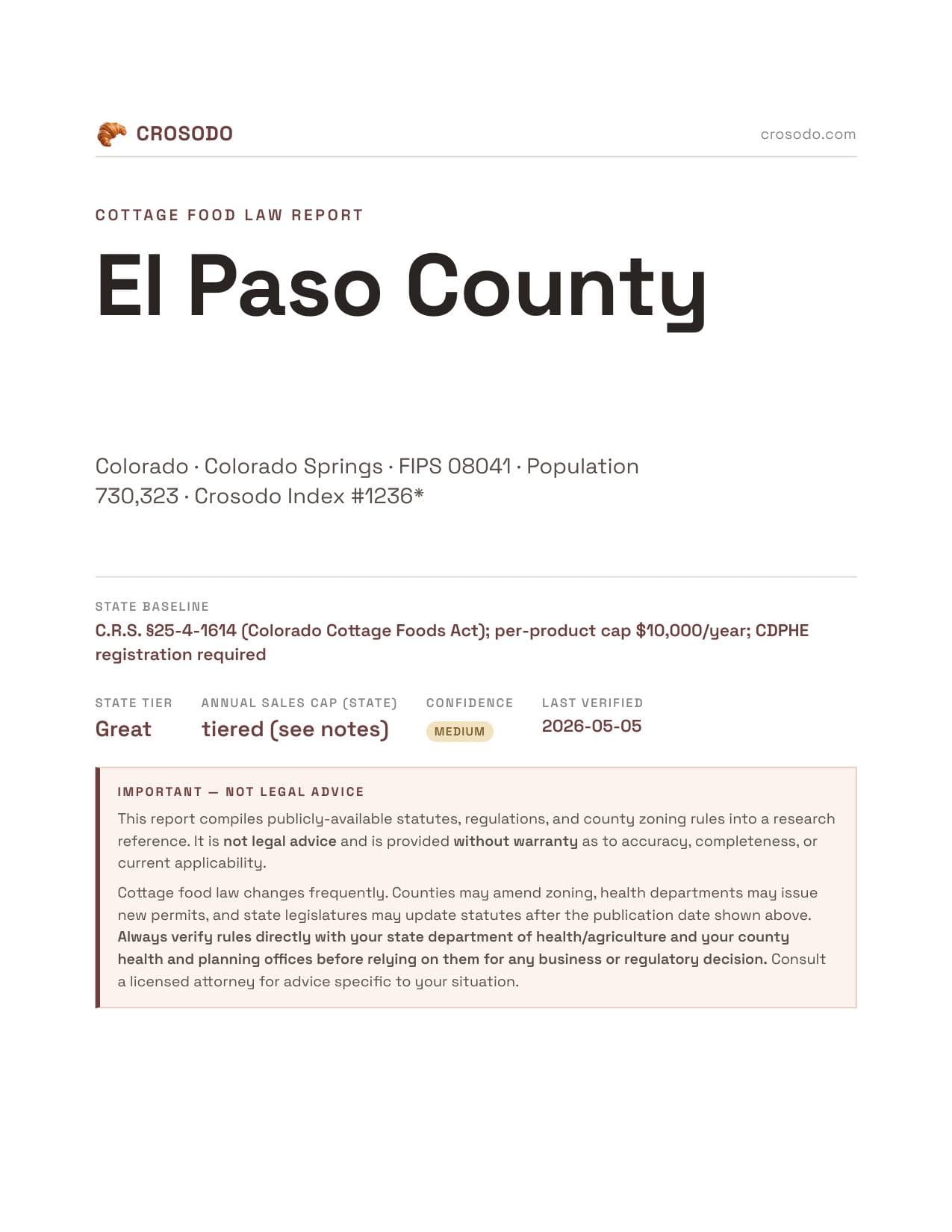 Cover of El Paso County county cottage food report