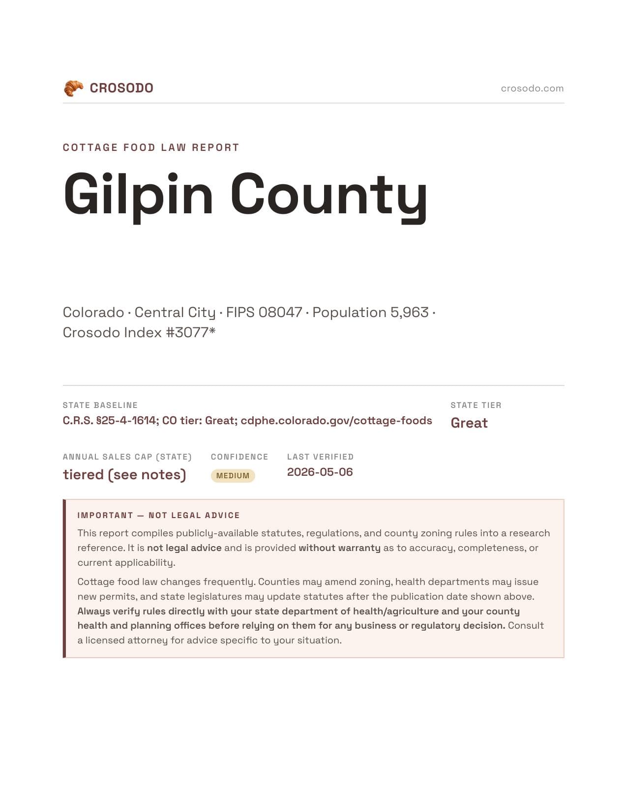 Cover of Gilpin County county cottage food report