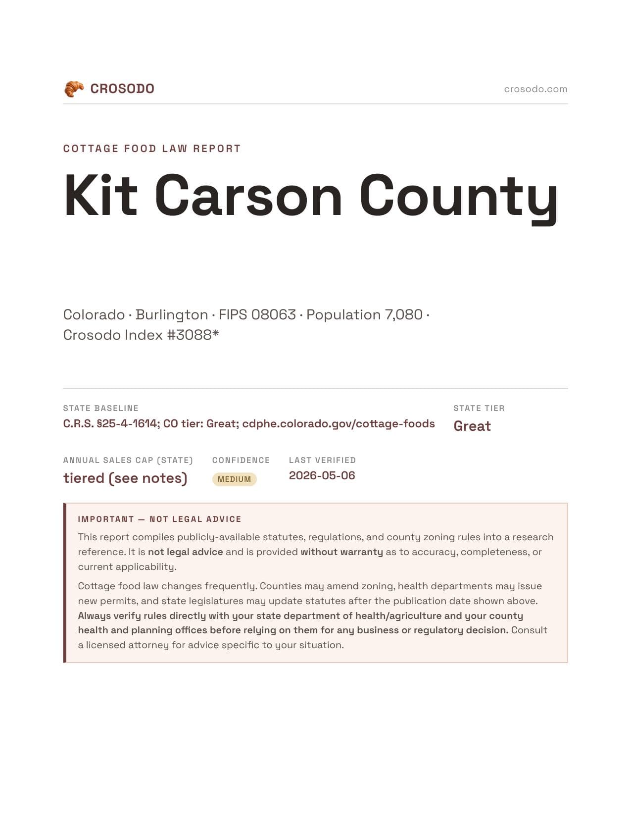 Cover of Kit Carson County county cottage food report