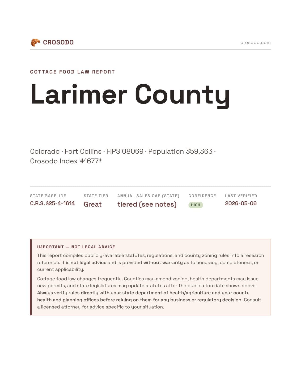 Cover of Larimer County county cottage food report