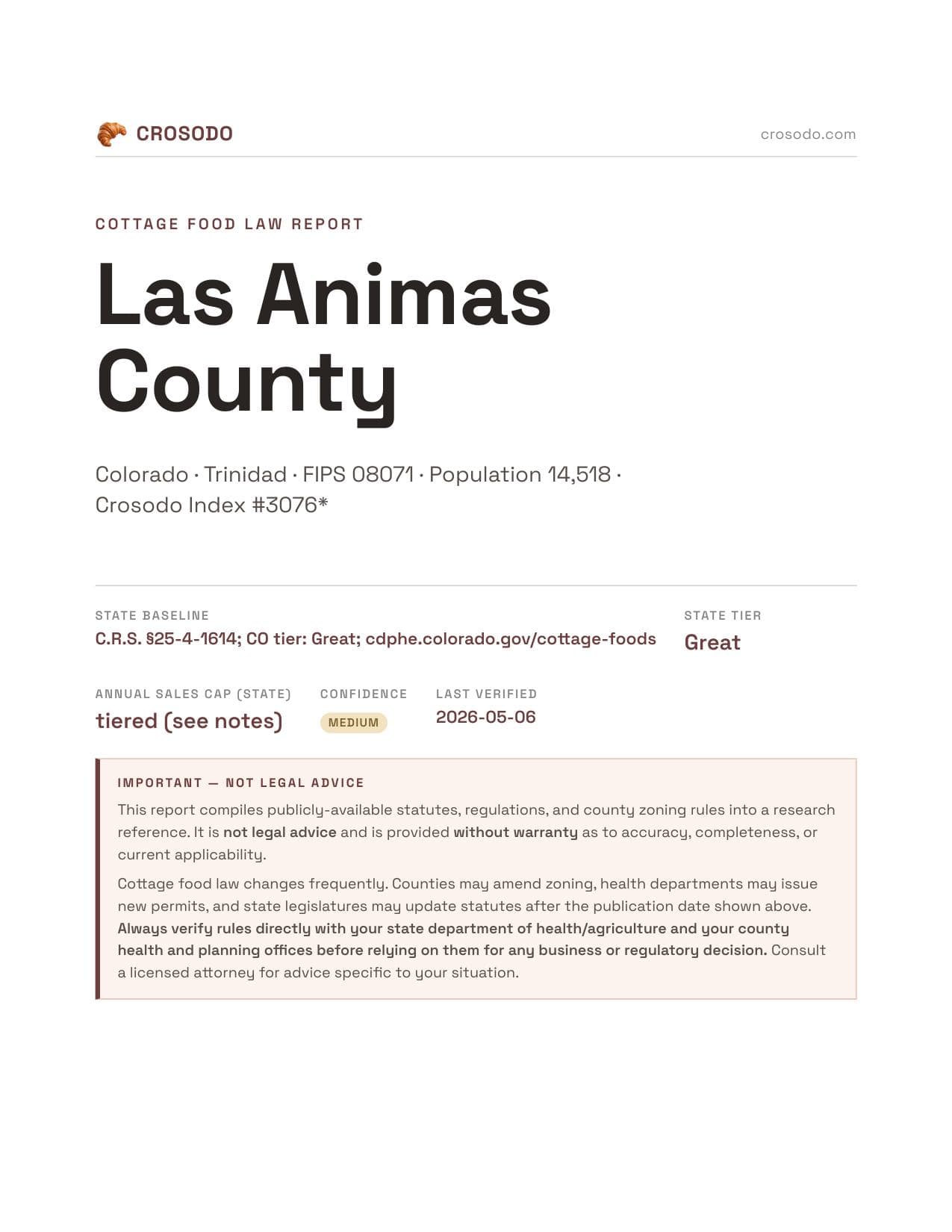 Cover of Las Animas County county cottage food report
