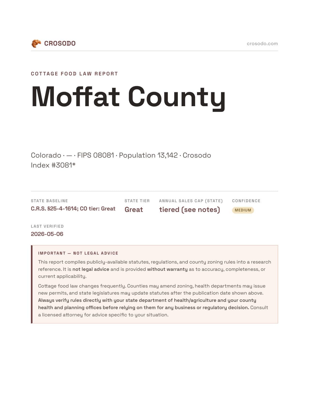 Cover of Moffat County county cottage food report