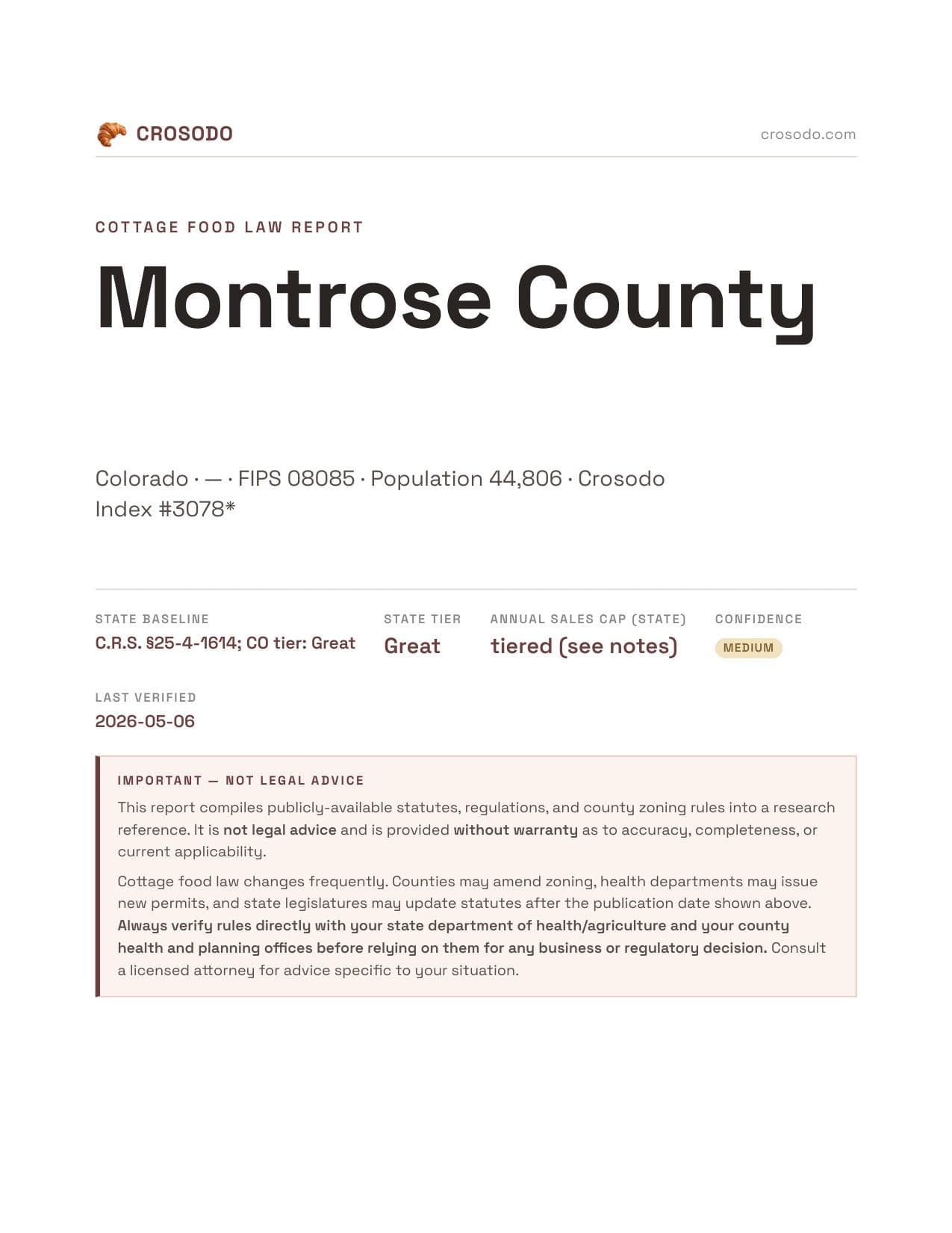 Cover of Montrose County county cottage food report