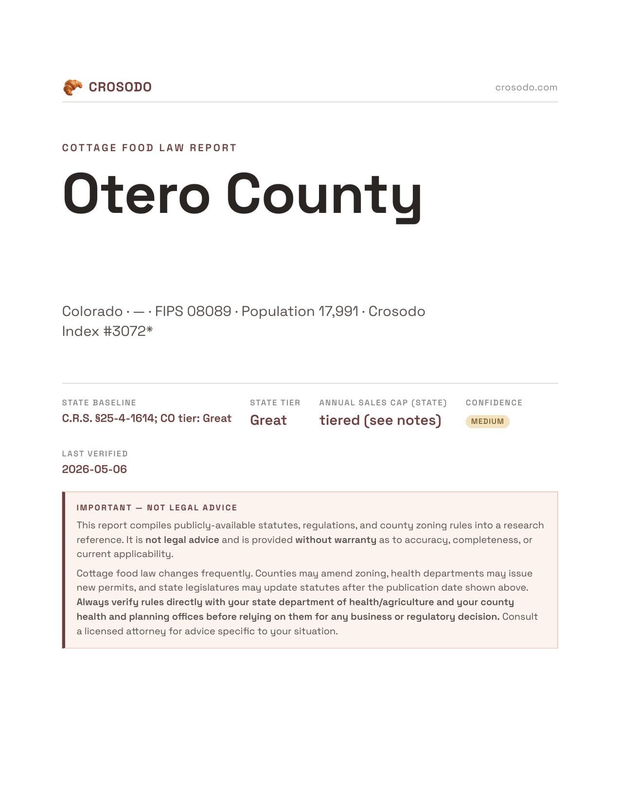 Cover of Otero County county cottage food report