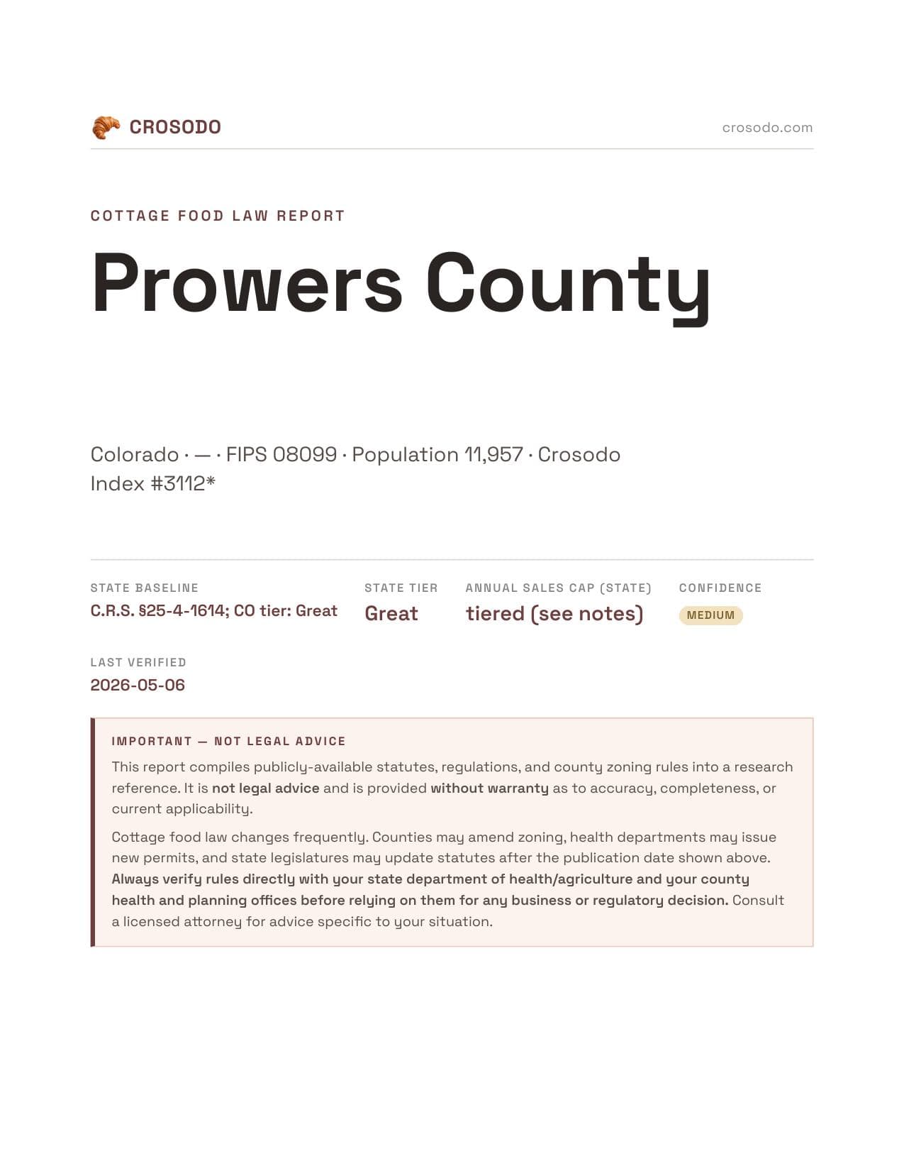Cover of Prowers County county cottage food report