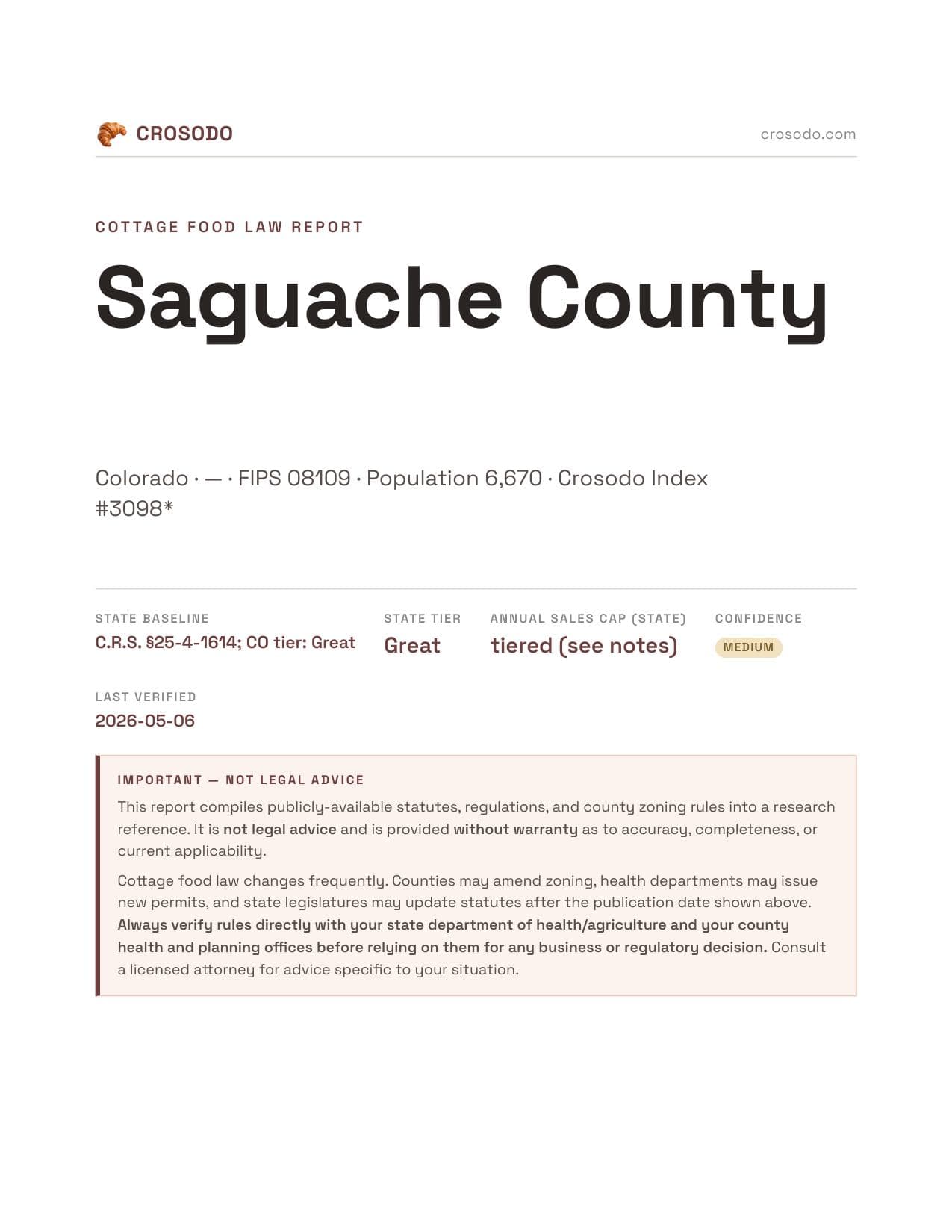 Cover of Saguache County county cottage food report