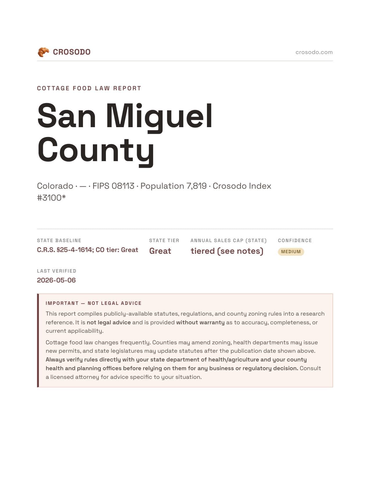 Cover of San Miguel County county cottage food report