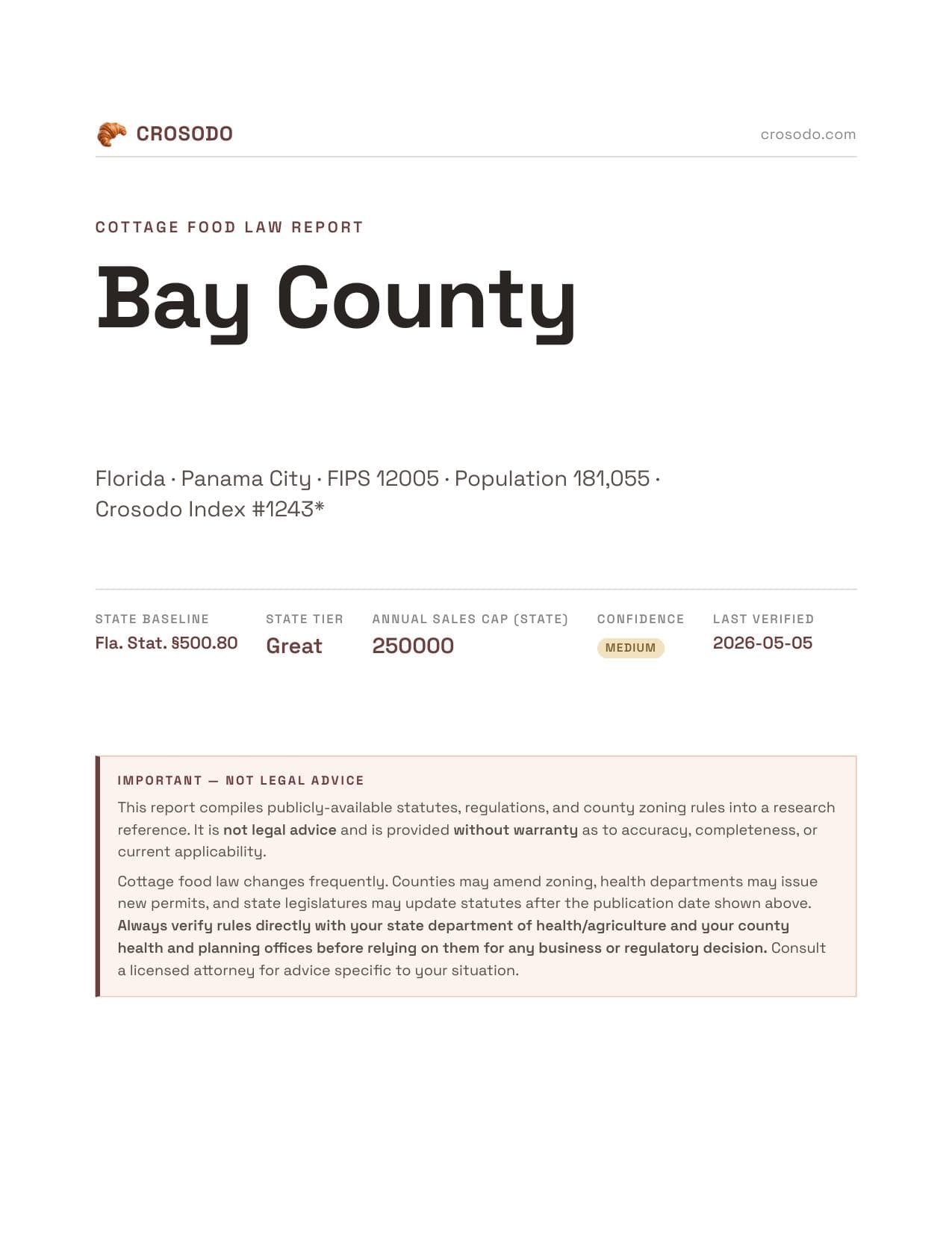 Cover of Bay County county cottage food report