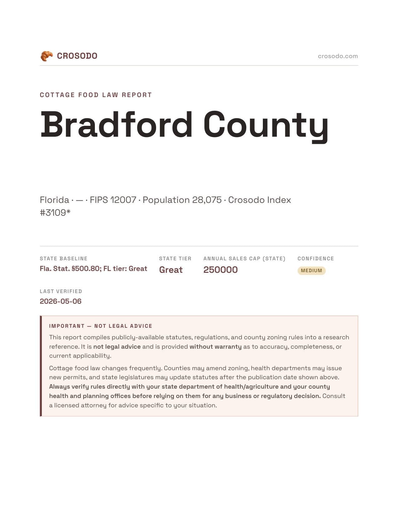 Cover of Bradford County county cottage food report
