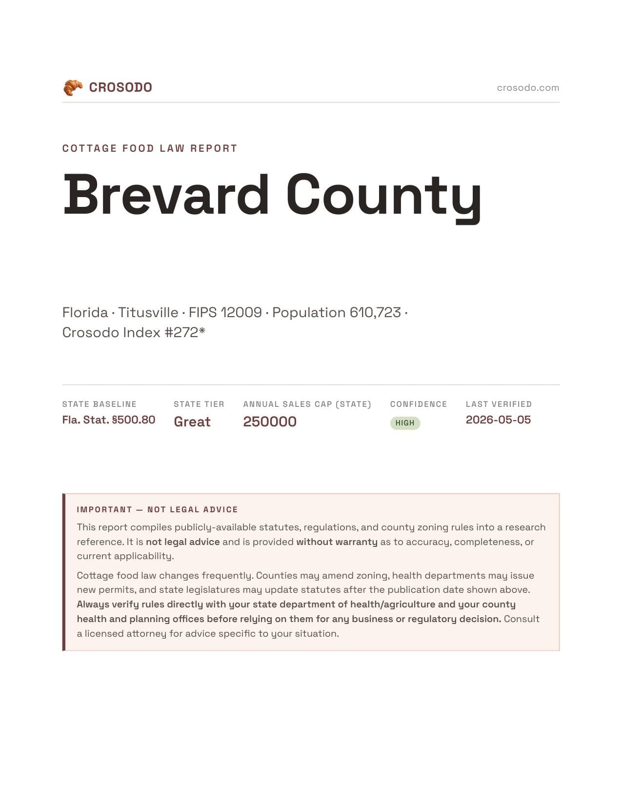 Cover of Brevard County county cottage food report