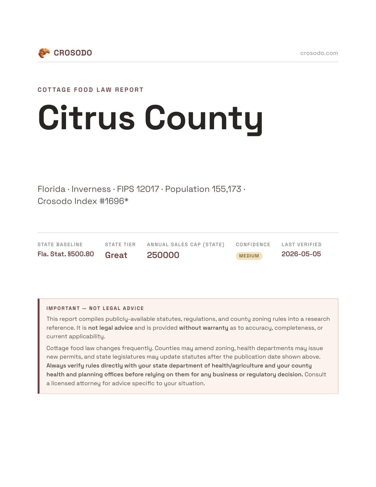 Cover of Citrus County county cottage food report