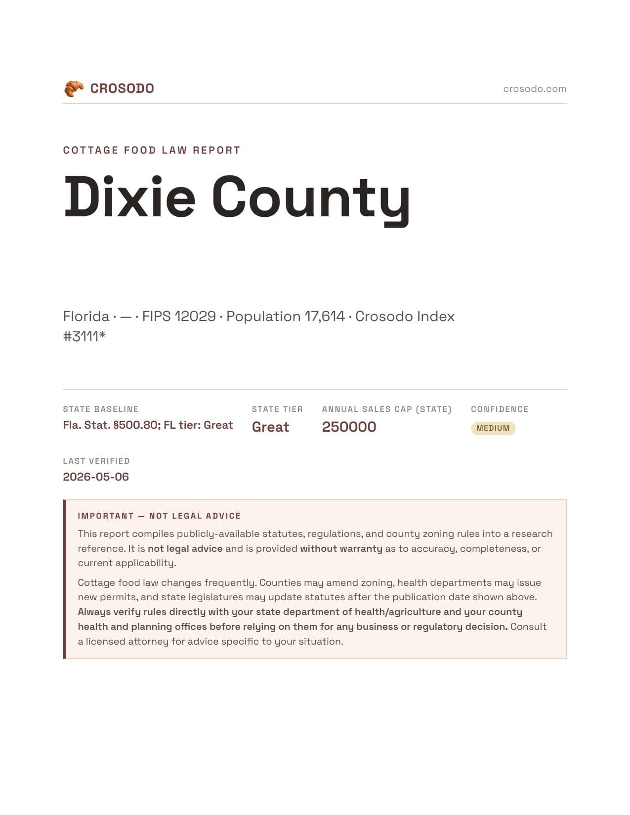 Cover of Dixie County county cottage food report