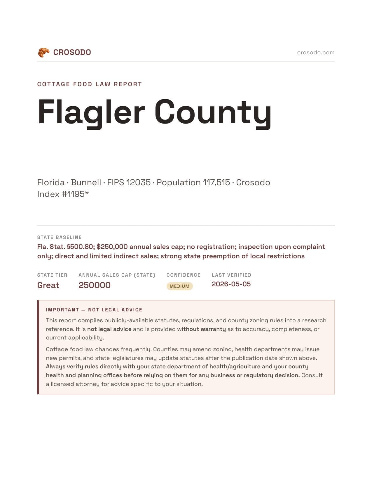 Cover of Flagler County county cottage food report
